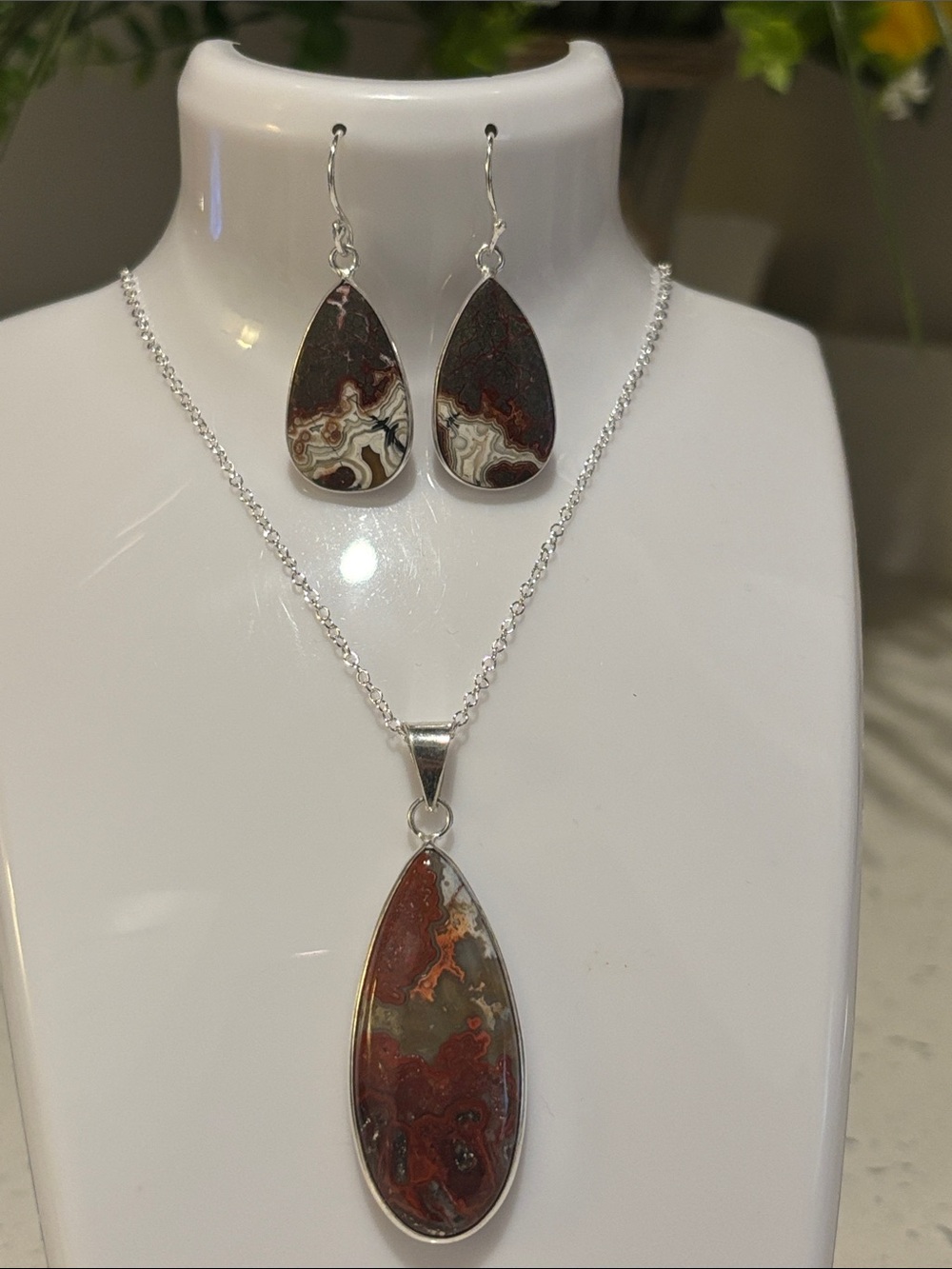 Sterling Silver Crazy Lace Agate Teardrop Necklace & Earrings Set
